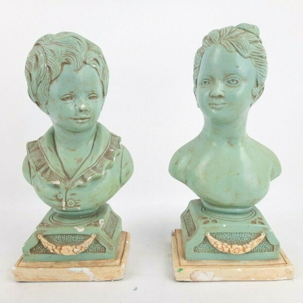 Vintage Jaru MCM Boy & Girl Bust Bookends Chalkware Victorian Statue